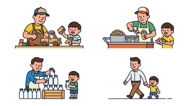 Fathers and Sons Engaged in Diverse Activities: Four vignettes depict a father and son participating in various activities, illustrating quality family time and learning experiences.
