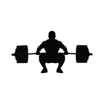 Powerlifter performing heavy barbell squat vector silhouette illustration isolated on white.