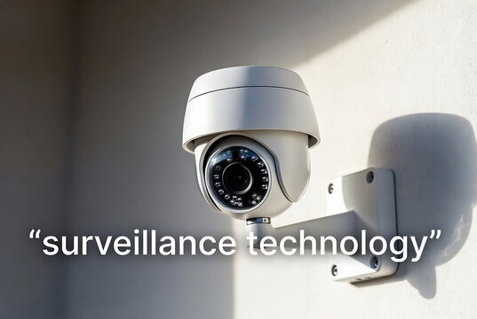 A security camera is mounted on a white wall, with the text "surveillance technology" overlaid.