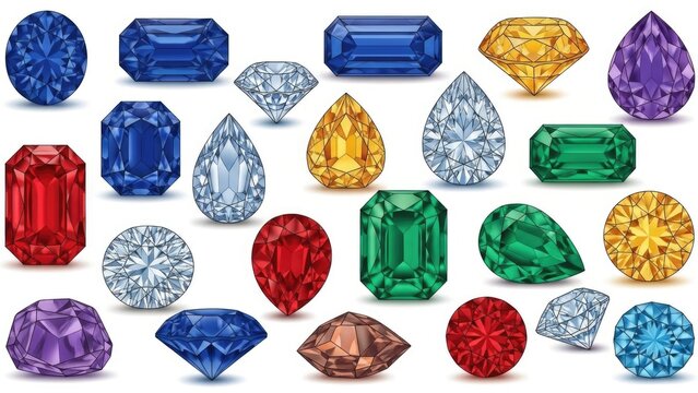 Assortment of Colorful Gemstones on White Background, Illustrating Wealth and Luxury, Jewel