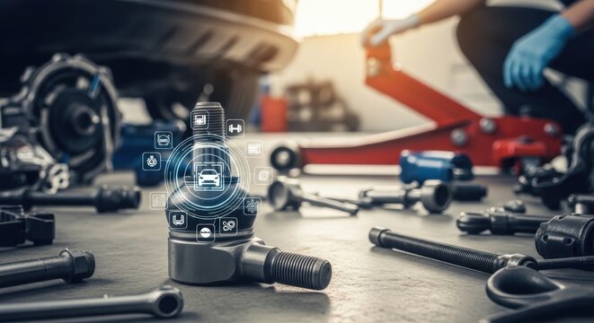 close-up view of car ball joint with tools and mechanic in background