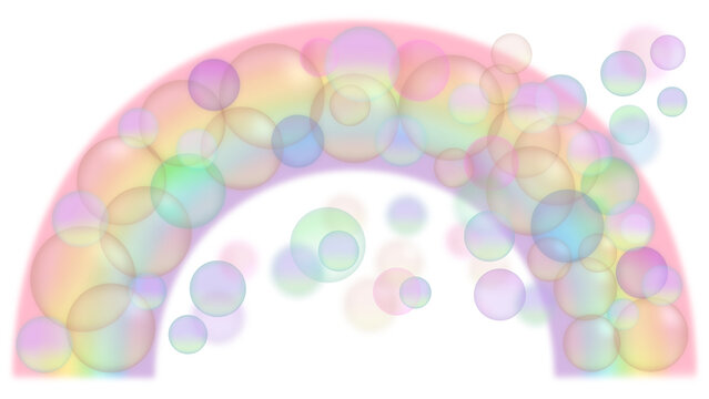 Realistic rainbow arch overlay with bokeh bubbles isolated on transparent background. Vibrant spectral spectrum with translucent light spots for photo editing, creative design and summer overlays.