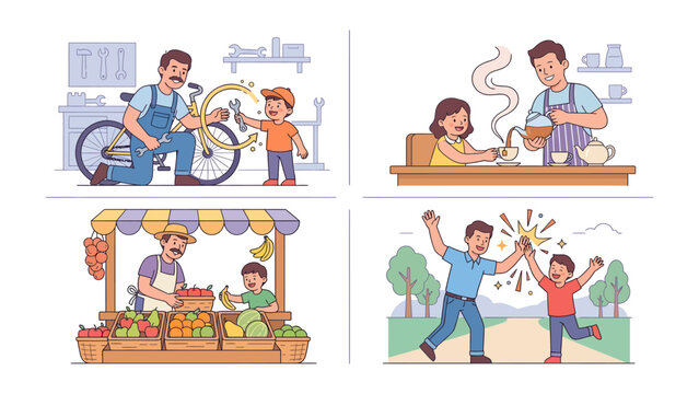A Father's Day Montage: A heartwarming collection of illustrations depicting a father and son sharing everyday moments, from bicycle repair and market visits to mealtime and outdoor celebrations.