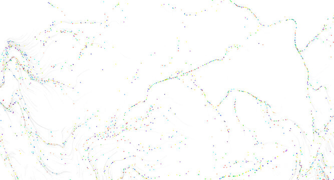 Abstract composition with colorful dots and flowing lines on a white background, creating