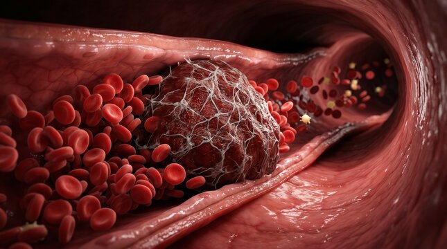 A microscopic view of a thrombosis formed inside an artery in cardiovascular disease.