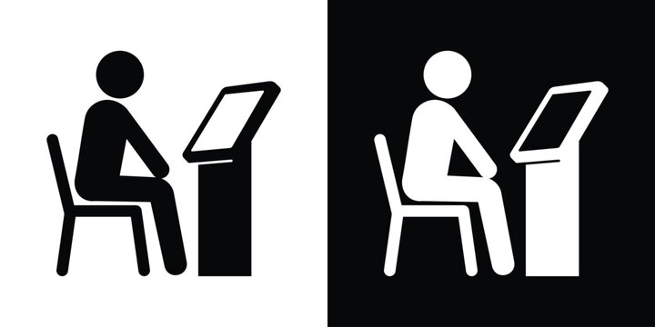 Graphic icon of a person sitting and using a self-service digital kiosk or computer terminal. Suitable for banking, check-in, or automated information services themes.