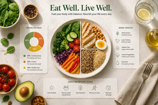 It displays a health and nutrition infographic promoting a balanced diet with whole foods, emphasizing macronutrient ratios and healthy lifestyle habits.