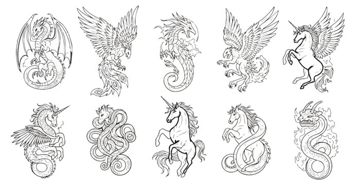 Mythical creatures set dragons phoenix unicorns pegasus seahorses vector art