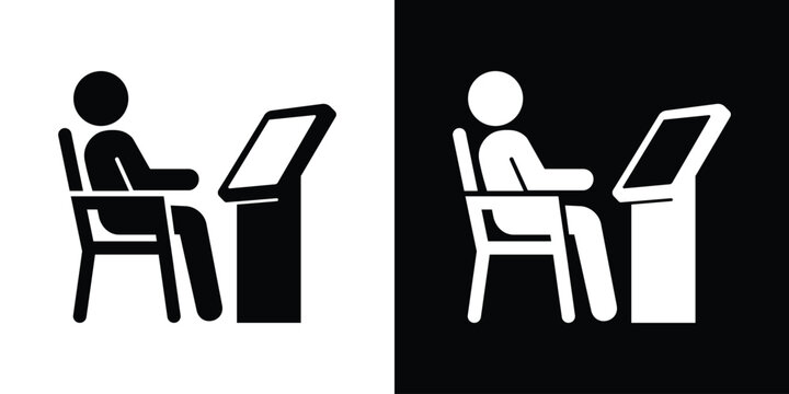 Graphic icon of a person sitting and using a self-service digital kiosk or computer terminal. Suitable for banking, check-in, or automated information services themes.
