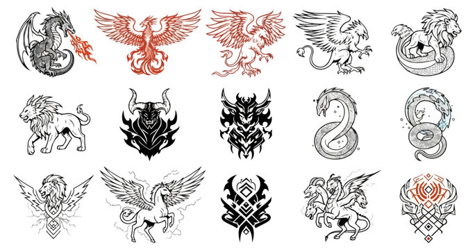 Mythical creatures silhouettes collection on black background