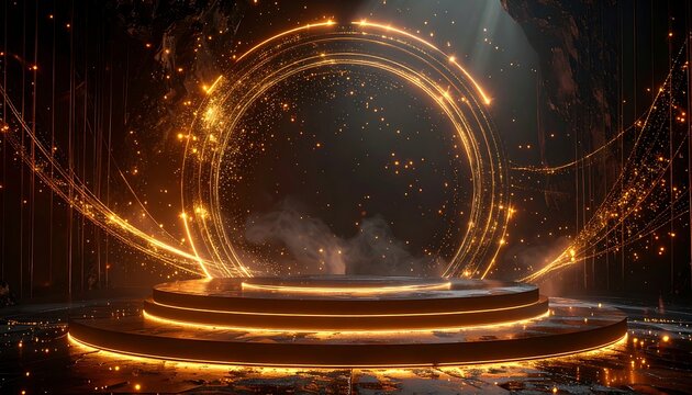 Glowing platform with radiant circles, set against a dramatic, shadowy backdrop with light rays and atmospheric fog