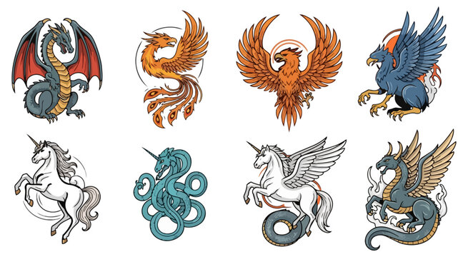Mythical creatures set dragons phoenixes unicorns griffins illustration black background