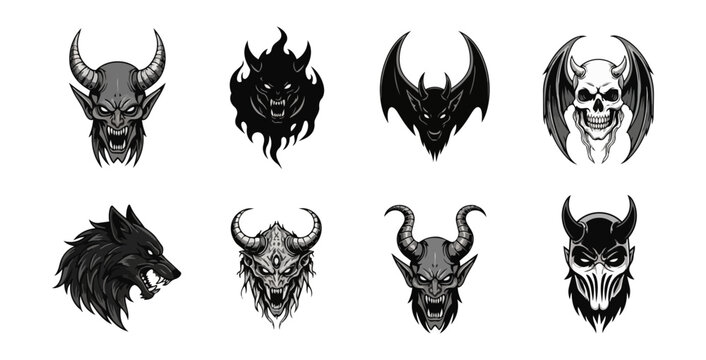 Demonic creature head silhouettes collection vector illustration