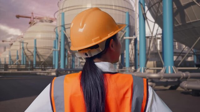Close Up Back View Of A Female Engineer Wearing Safety Helmet Looking Around While Standing With Arms Akimbo with Spherical Propane Tanks with Fuel Gas Pipelines