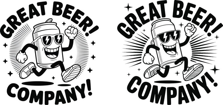 Cartoon beer can character running with text retro