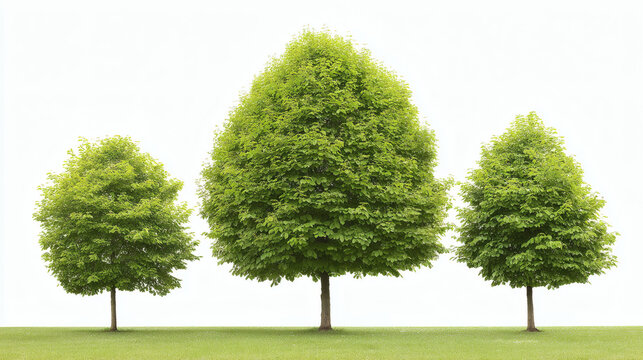 trees of different sizes aligned on green grass, smallest on left, medium in middle, largest on right, vibrant green leaves, isolated on white background, symbolizing healthy growth and summer 