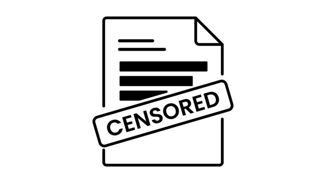 Censored Document and Data Masking Editable Stroke Vector Icon. Minimalist black line illustration of a redacted file with a censored stamp, representing privacy, secrecy, and information control.