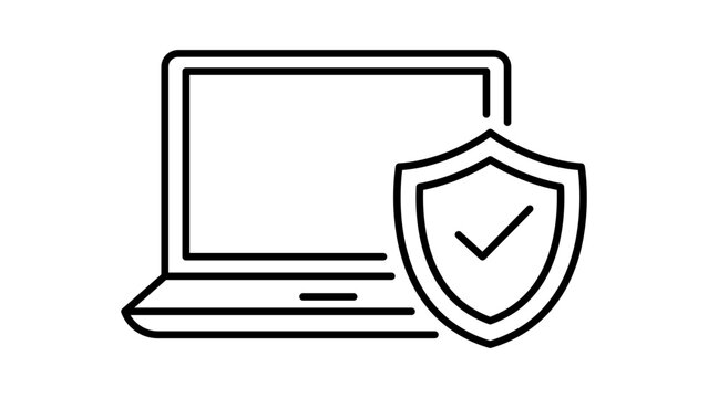 Endpoint Security and Cyber Protection Minimalist Black Line Vector Icon Illustration Featuring a Laptop with a Shield and Checkmark Symbol, Editable Stroke for Customizable Line Weight Design.