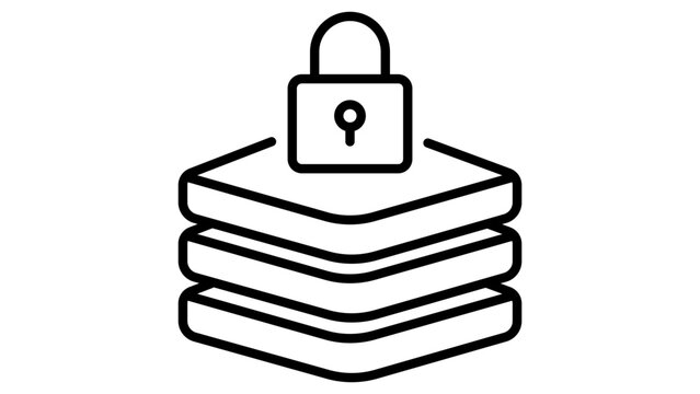 Encryption Layer and Data Security Minimalist Black Line Vector Icon on White Background Representing a Stack of Protected Information with Padlock, Editable Stroke for Customizable Line Weight