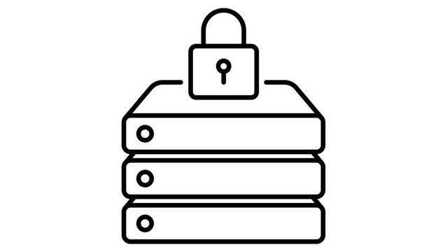 Data security and encryption vector icon illustration featuring a server stack with a padlock. Minimalist black line art on white background with editable stroke for adjustable line weight.