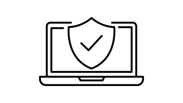 Endpoint Security and Cybersecurity Laptop Icon, Minimalist Black Line Vector Illustration with Shield and Checkmark for Data Protection and Antivirus, Editable Stroke Vector Icon for Web Design