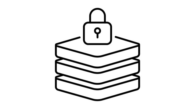 Secure Data Encryption Layer Vector Icon with Padlock on Stacked Blocks, Minimalist Outline Illustration for Cybersecurity and Privacy, Editable Stroke for Customizable Line Weight, Scalable SVG.