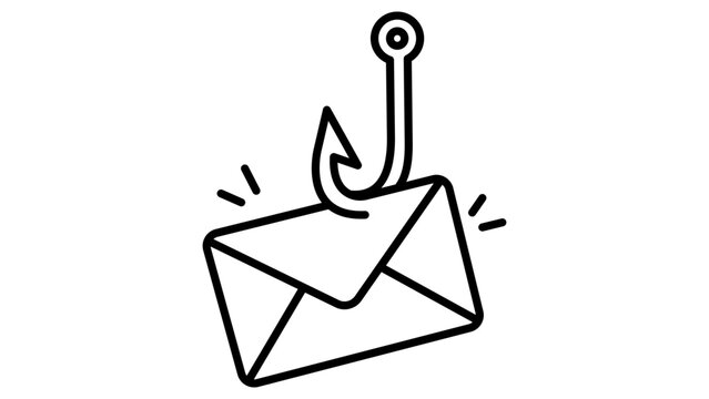 Phishing Email Scam Vector Icon with Editable Stroke. Minimalist black line illustration of a fishing hook catching an envelope, representing cyber fraud, security threats, and data hacking.