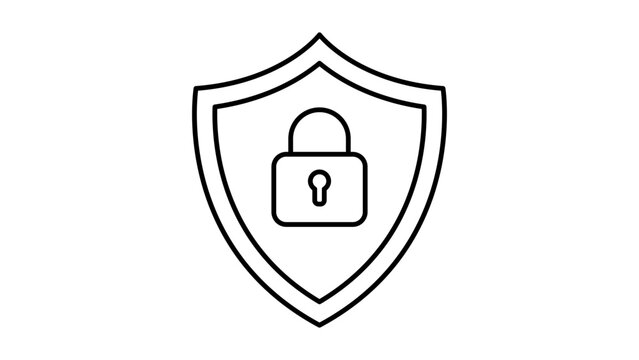 Cyber Security and Data Protection Shield with Padlock Icon. Minimalist Black Line Art Illustration on White Background. Scalable Editable Stroke Vector for Web, App, and Graphic Design.