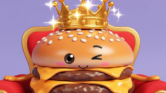 A regal hamburger cartoon character wearing a golden crown, sitting on a throne, with a cheerful expression and a wink
