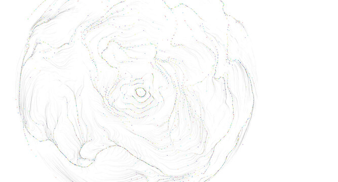 Unique artistic abstract composition of lines and dots, creating a circular shape on a wh