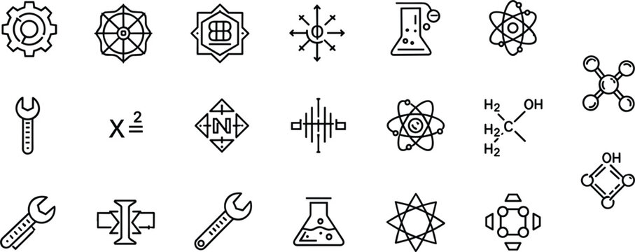 Energy and Power Icon Set Featuring Renewable Sources, Nuclear, Solar Panels, Wind Turbines, and Industrial Electricity Symbols for Technology and Sustainability Designs