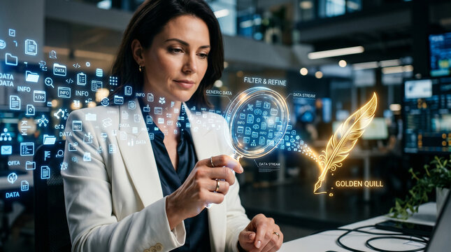 Anti ai slop content analysis for data filter in modern office with focused woman using holographic interface