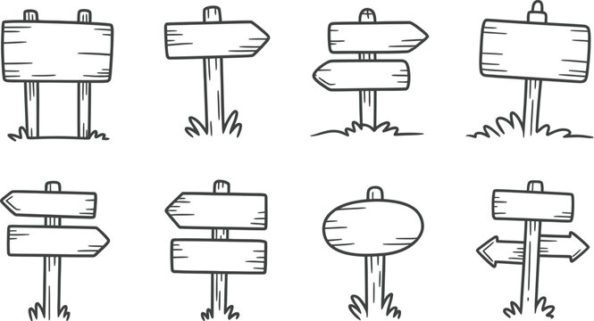 Wooden signpost icons set simple flat direction signs vector illustration
