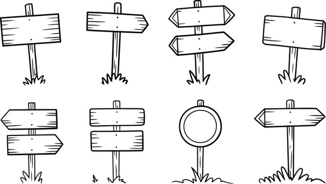 Wooden signpost icons set simple flat direction signs vector illustration