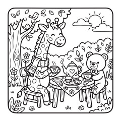Fototapeta premium Cute giraffe with scarf tea party coloring page for kids fun simple bold outline design art page