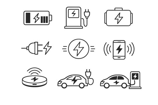 Set of Minimalist Line Icons for Electric Vehicle Charging, Battery Status, Wireless Power, Smartphone Charging, EV Station, and Sustainable Energy Technology Symbols on White Background.