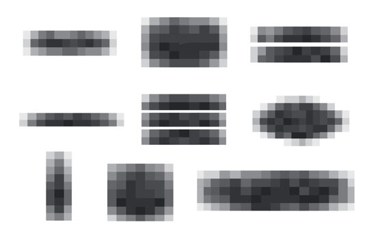 Set of Pixelated Censorship Bars and Blurred Mosaic Effects for Obscuring Sensitive Content, Adult Material, and Private Information in Digital Media, Vector Illustration of Privacy Protection.