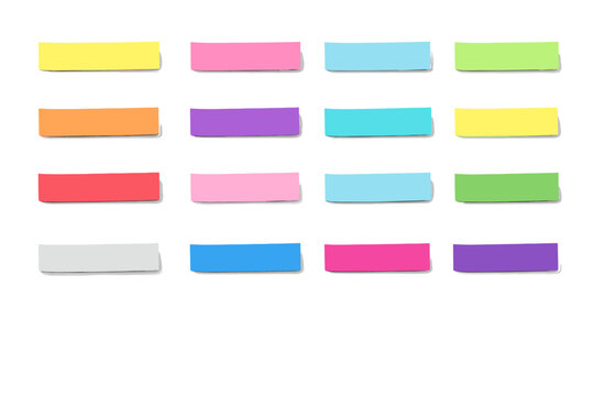 Set of Realistic Colorful Sticky Note Strips and Adhesive Index Tabs Isolated on White Background. Multi-Colored Paper Memo Stickers with Shadows for Office Reminders and School Stationery.
