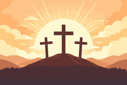 Three crosses on a hill at sunrise representing the crucifixion of Jesus Christ on Calvary, a powerful Christian symbol for Easter, Good Friday, and faith, simple flat vector illustration design.