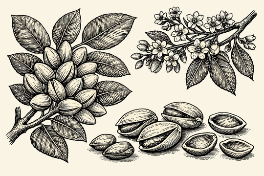 Vintage botanical engraving of pistachio nuts featuring tree branches with leaves, floral blossoms, and detailed nut clusters in a classic hand-drawn woodcut illustration style for food design.