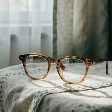 Stylish brown tortoiseshell eyeglasses rest on a white linen cloth bathed in soft window light.