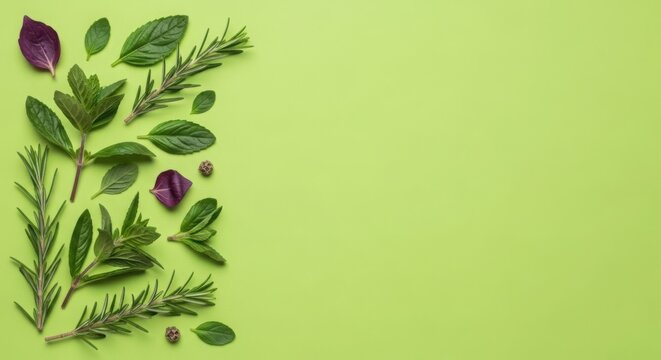 Fresh green herbs and rosemary leaves arranged on a soft light green background for cooking and food background design for culinary websites and organic menus