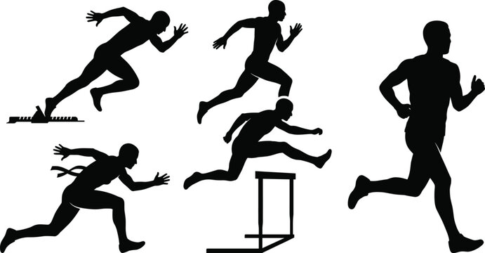 Black silhouette set of male athlete running sprinting jumping hurdle starting block sport fitness vector illustration isolated white background design