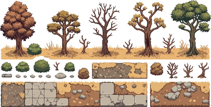 Pixel art game assets collection, retro 2D platformer environment elements, set of fantasy trees and ground tiles for level design isolated PNG with Transparent Background