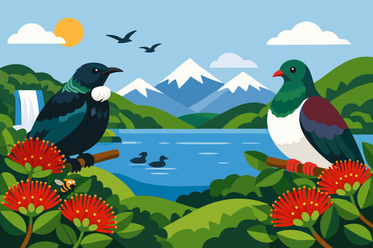 New Zealand Nature Illustration Featuring Native Tui and Kereru Birds Perched on Pohutukawa Flowers with Scenic Landscape of Snow Capped Mountains Lake Waterfall and Lush Green Hills Vector Art
