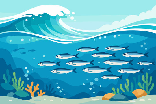 School of Sardines Swimming in Deep Blue Ocean Water Under a Large Crashing Wave, Featuring Colorful Coral Reefs, Seaweed, and Bubbles in a Vibrant Flat Vector Illustration for Marine Posters.