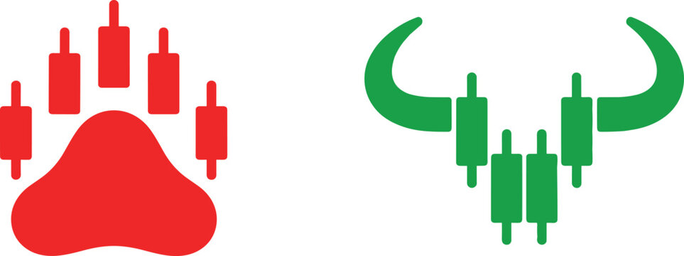 Bullish and bearish stock market icons with paw and horns design