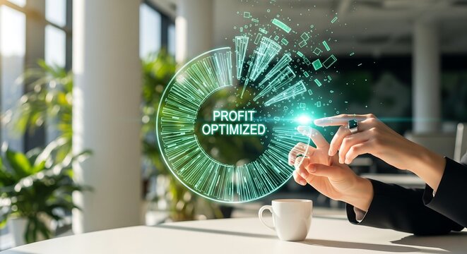 Hand pointing to profit optimized gear icon on digital screen in office
