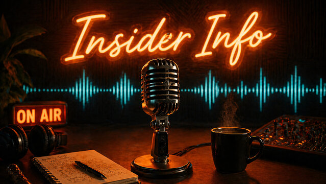 "Insider Info" "ON AIR" Text Neon Signs with Vintage icrophone and Sound Waves n Dark Background Podcast tudio