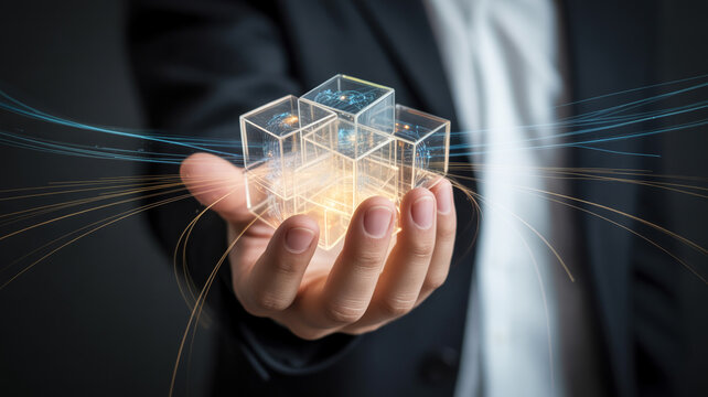 Business person holding a 3D model of a house in their hand symbolizing real